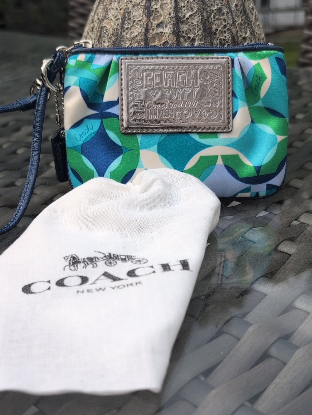 Coach Poppy Wristlet in Blue, Teal & Green Geometric Print